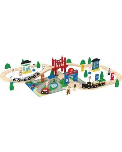 Дървено влакче с релси Acool Toy - Моят град, 80 елемента