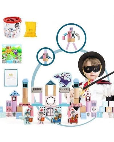 Игрален комплект Raya Toys - Дървени блокчета и пъзел, Рицари