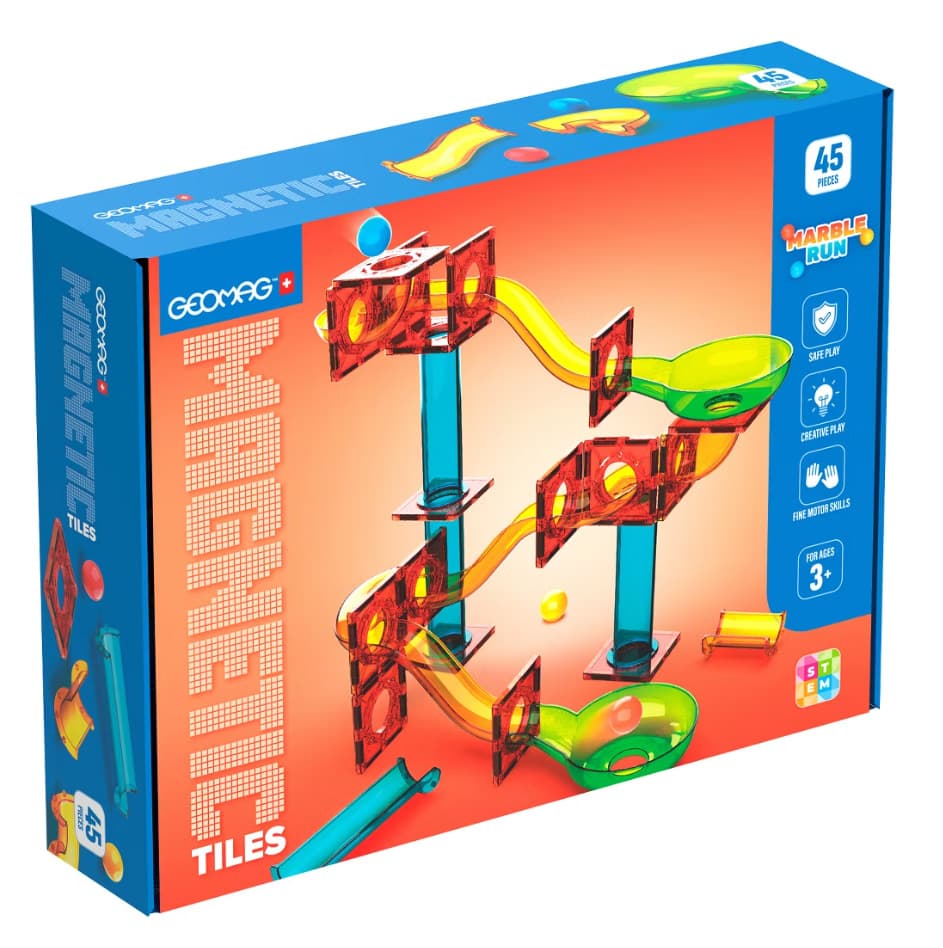 Магнитен конструктор, Geomag, Разноцветни плочки, Писта с топчета, 45 части