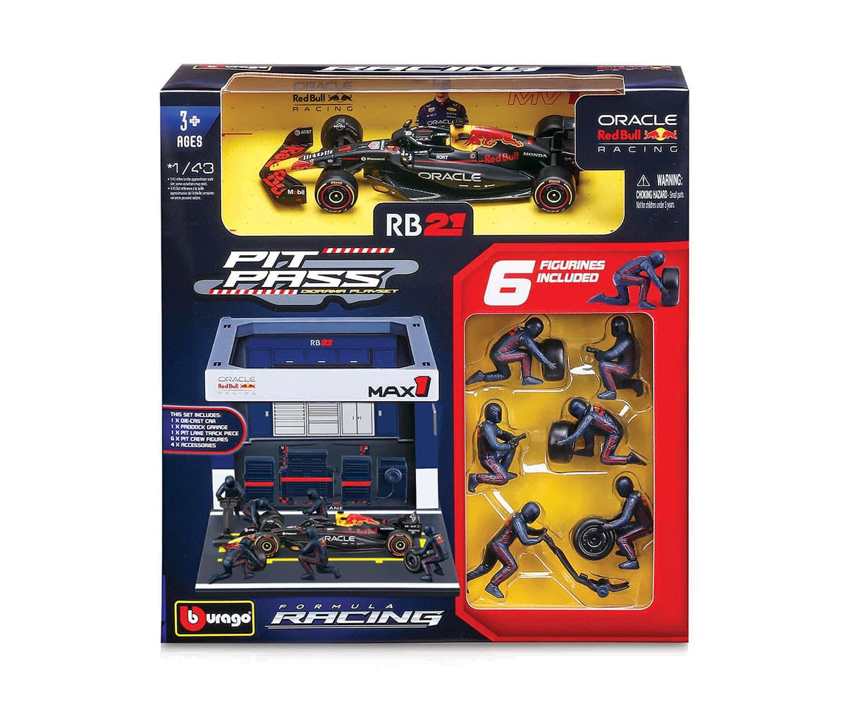 Bburago - Комплект за игра: Бокс F1 Red Bull RB21 (#1) Max Verstappen