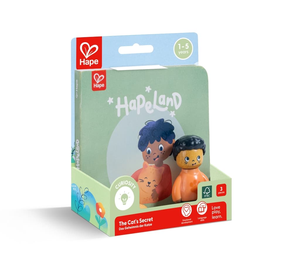 Игрален комплект, Hape, Комплект фигурки момче и коте с книжка, 3 части
