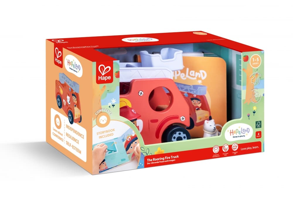 Игрален комплект, Hape, Пожарникарски камион с книжка, 4 части