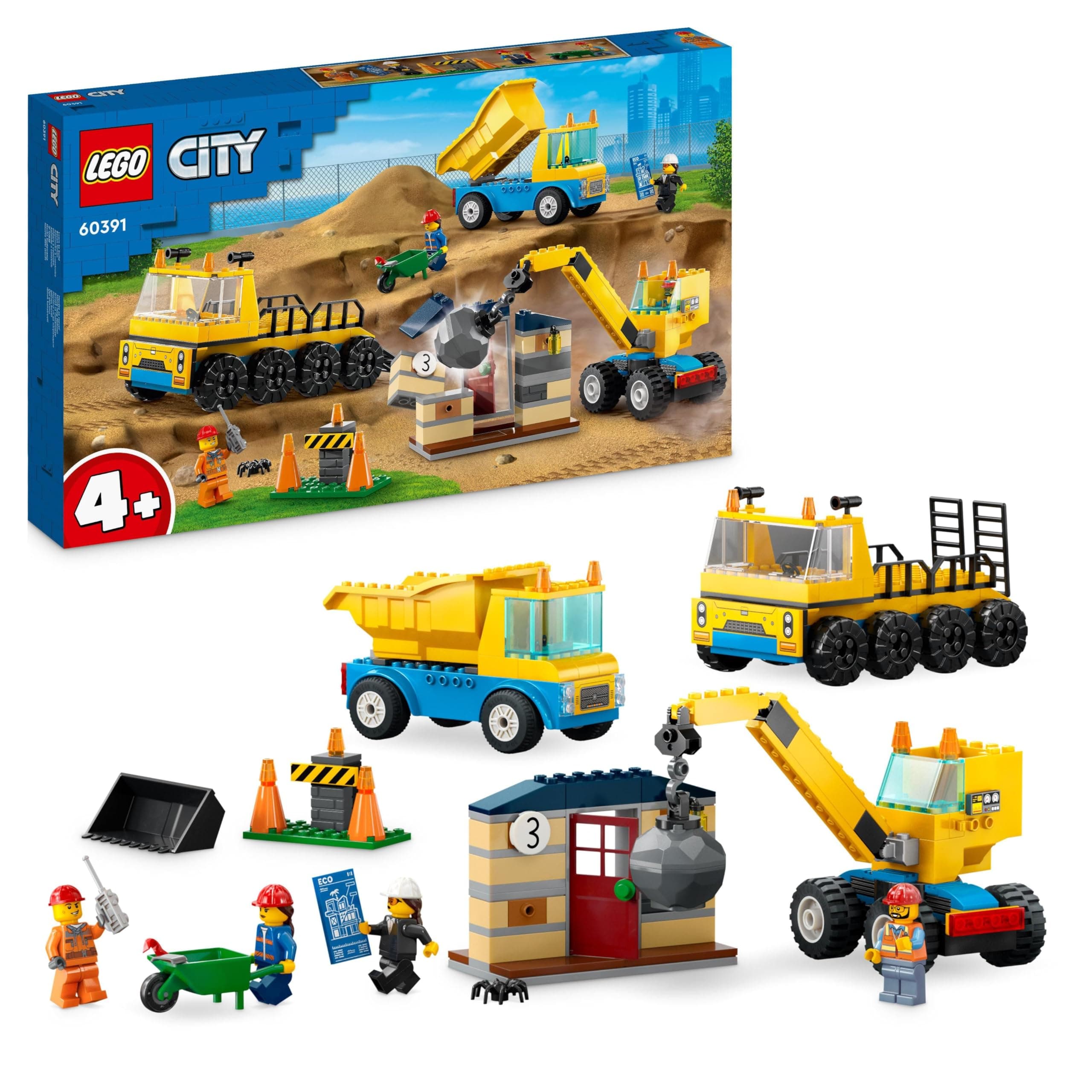 LEGO® City Great Vehicles 60391 - Строителни камиони и кран с разбиваща топка