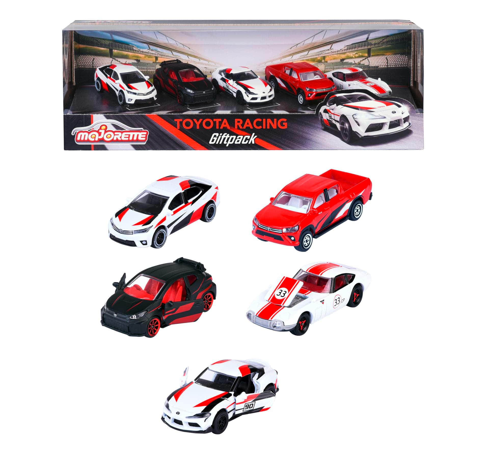 Majorette - Комплект коли Toyota Racing, 5 броя, 7.5 см