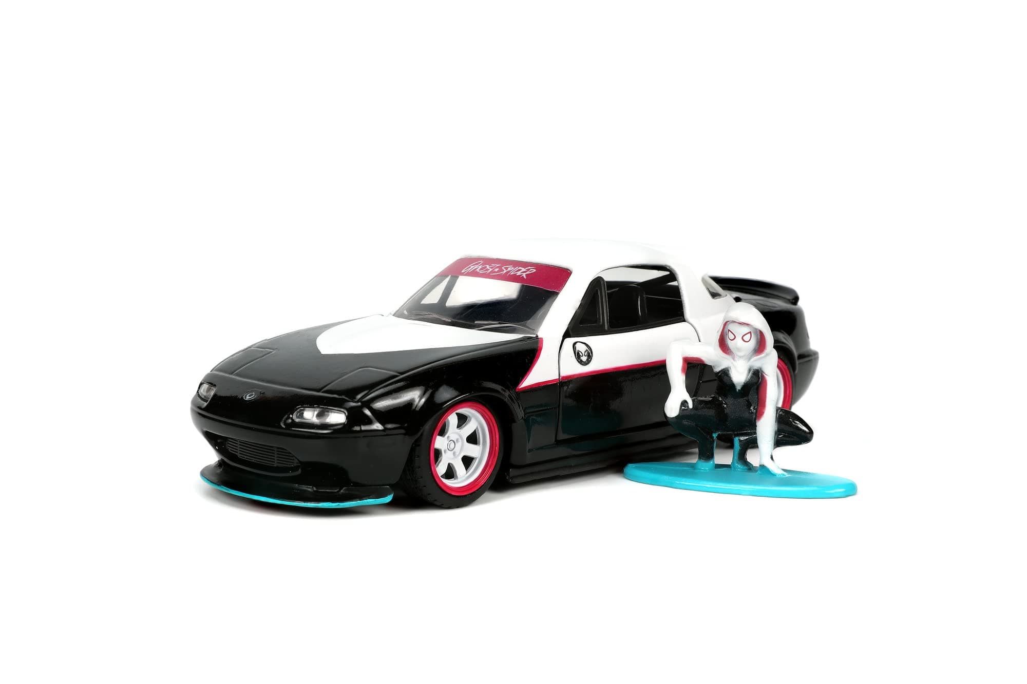 Марвел кола Ghost Spider 1990 Mazda Miata 1:32 Jada 14 см, с метална фигурка