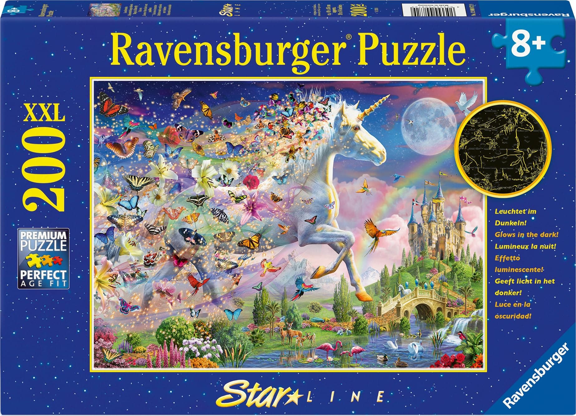 Светещ 2D пъзел Ravensburger 200 ел. XXL - Пеперуди и еднорог