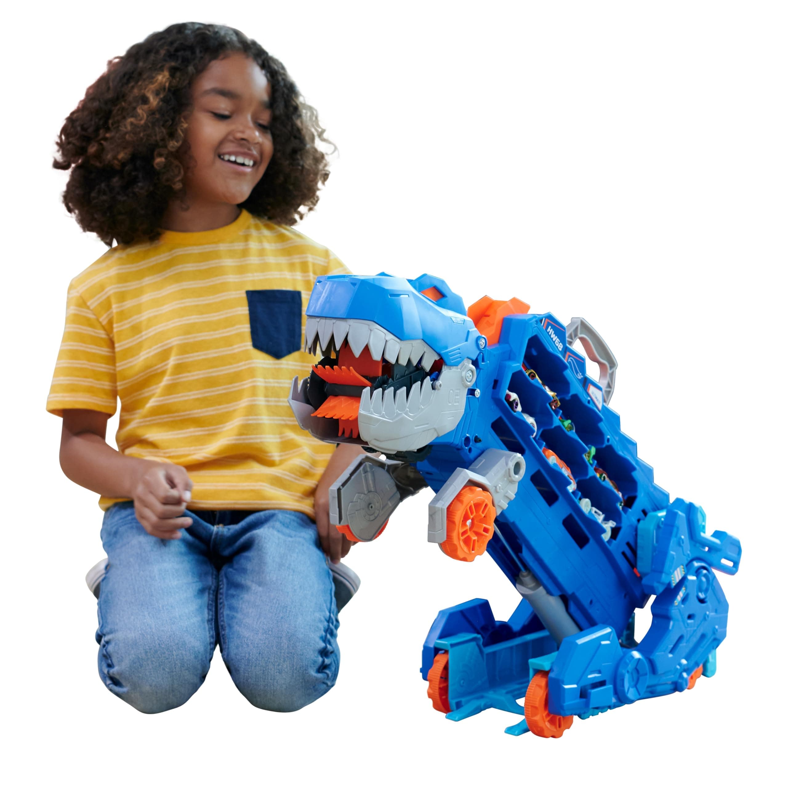 Hot Wheels City - 2 в 1 Мега транспортьор с 2 колички или писта T-Rex със звук и светлини