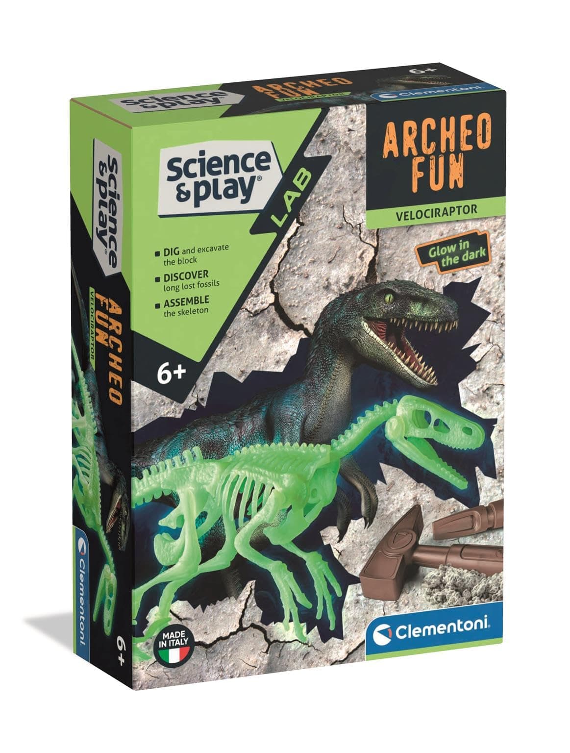 CLEMENTONI ARHEO FUN Разкрий Скелет Динозавър Velociraptor Glow in The Dark