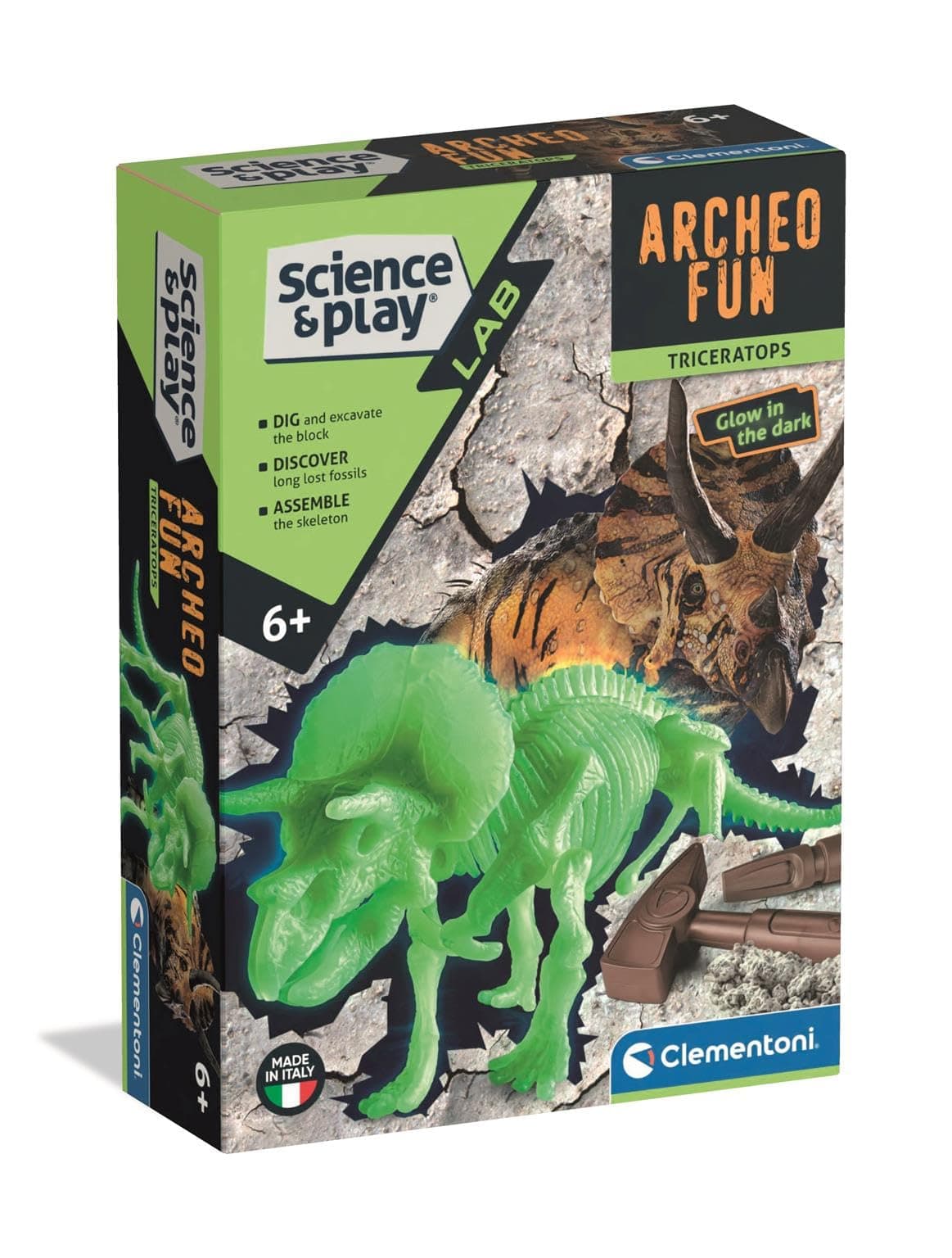 CLEMENTONI ARHEO FUN Разкрий Скелет Динозавър Triceratops Glow in The Dark