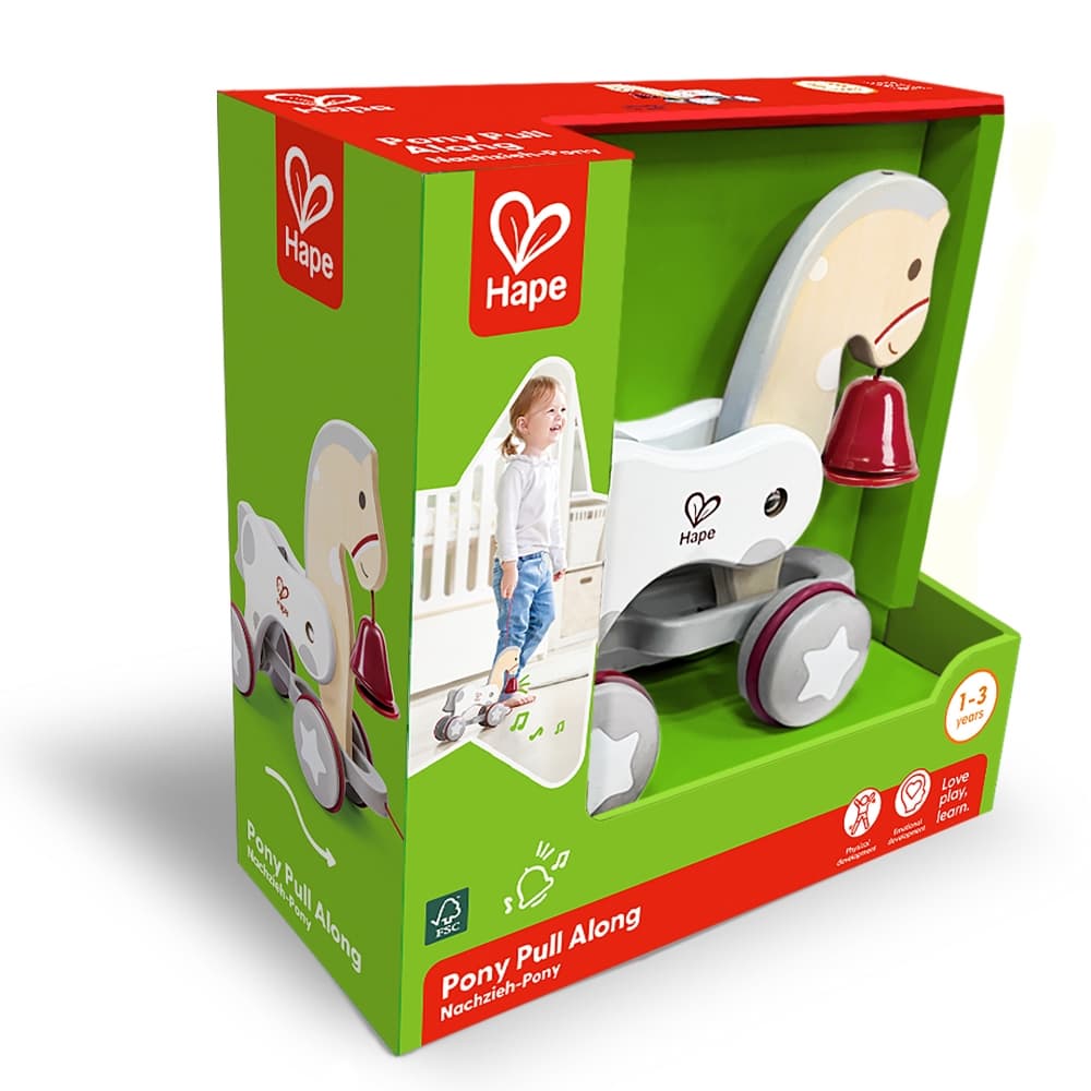 Дървена играчка за дърпане, Hape, Пони, 25.5 см х 24.3 см х 10.5 см