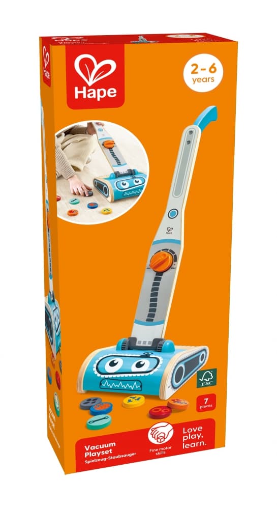 Детски игрален комплект, Hape, Прахосмукачка робот, 17.5 х 18 х 58 см, 7 части