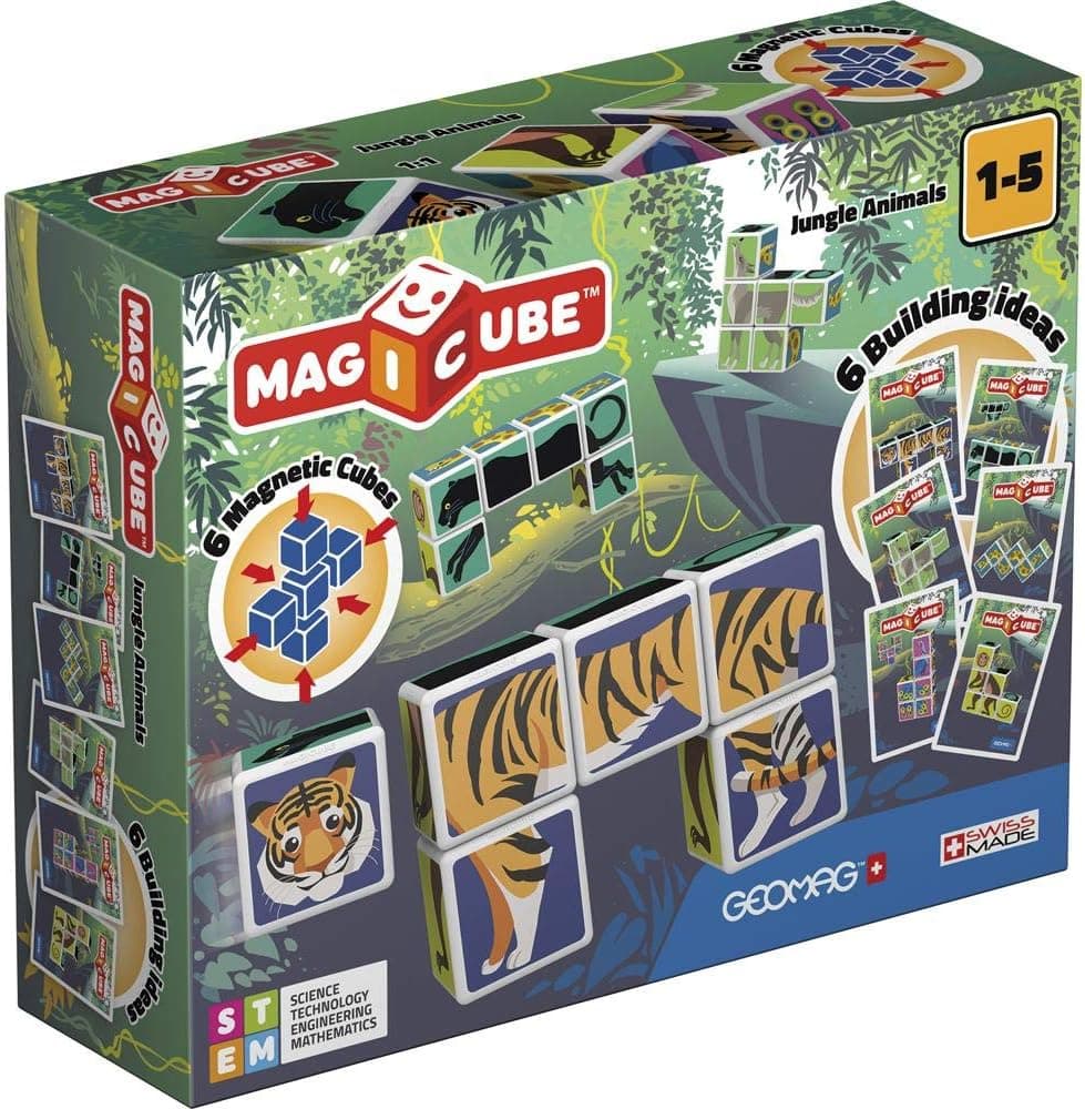 Магнитен конструктор, Geomag, Magicube, Животни в джунглата и карти 145, 9 части
