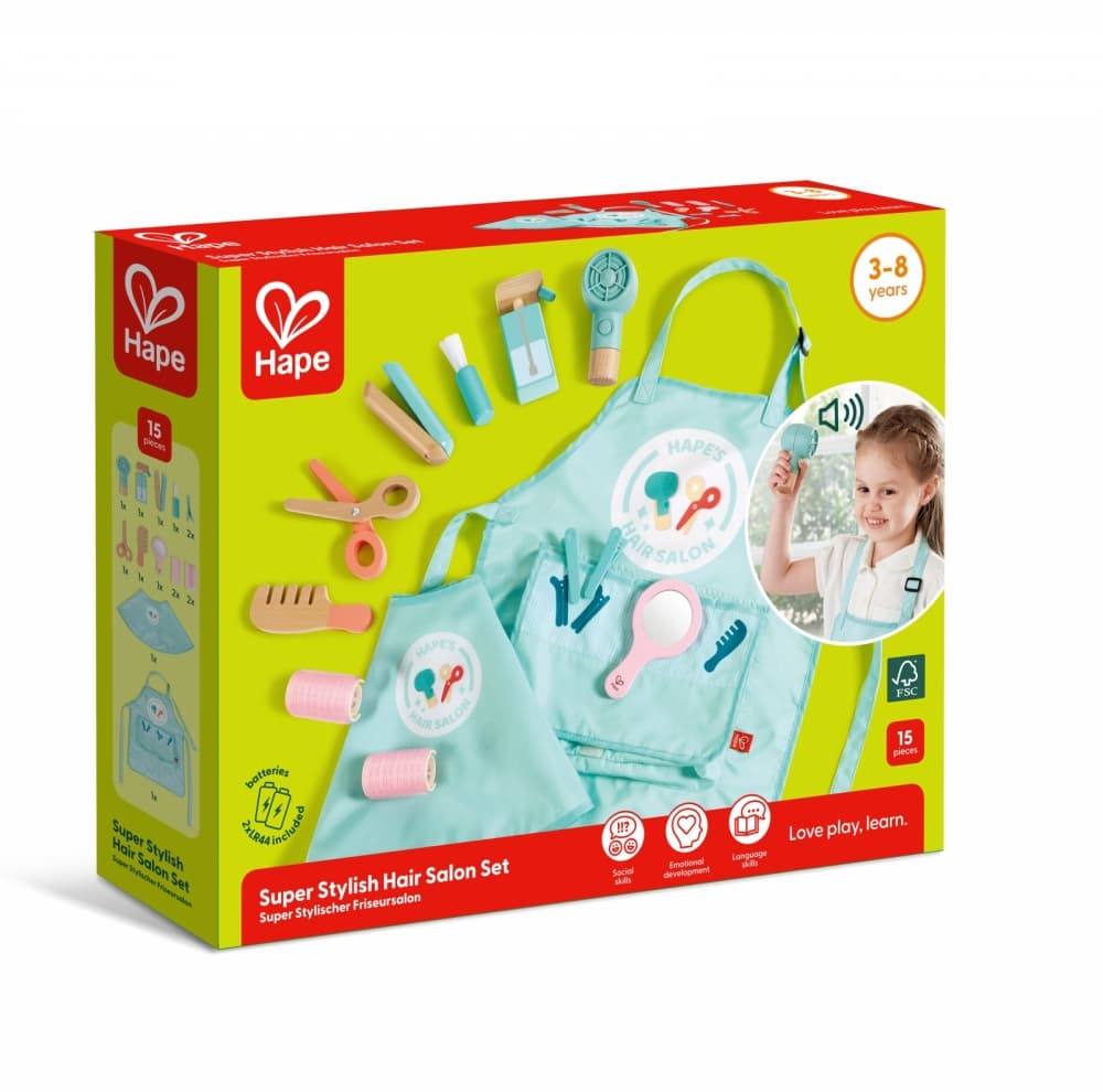 Детски дървен комплект, Hape, Малки фризьори, 15 части