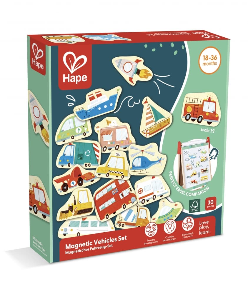 Комплект за игра, Hape, Магнитни превозни средства, 30 броя