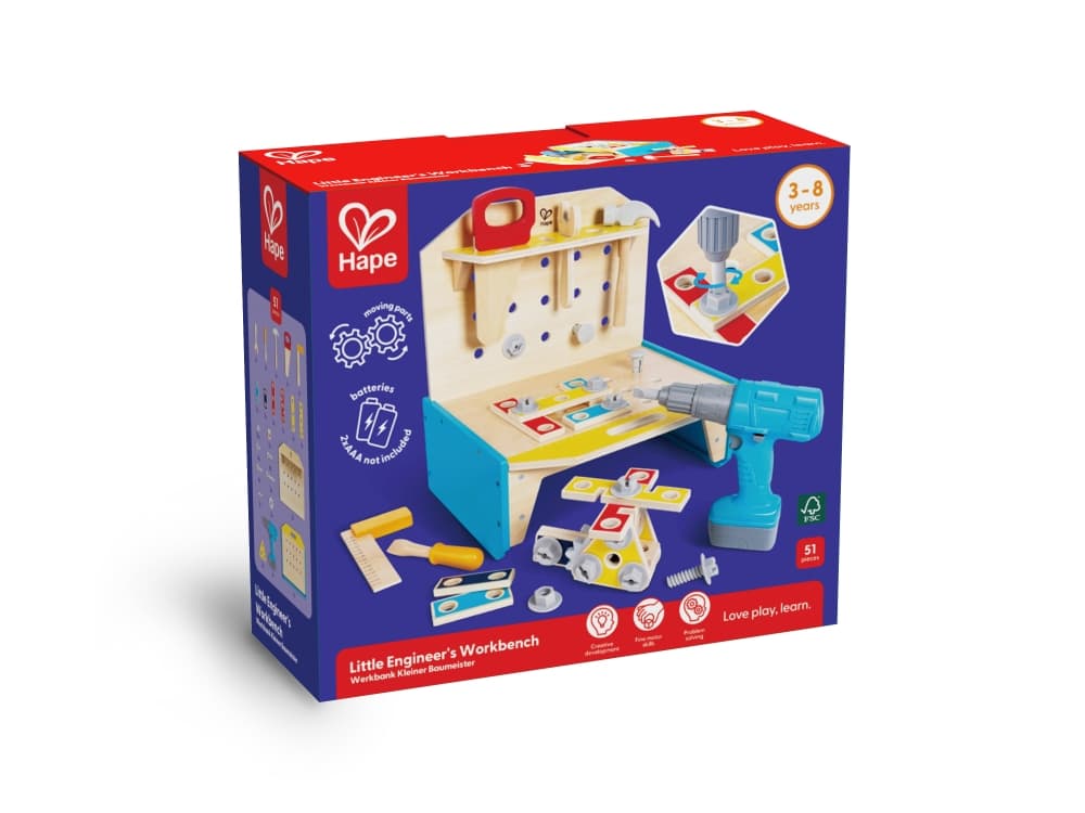 Дървена работна маса с инструменти, Hape, 51 части