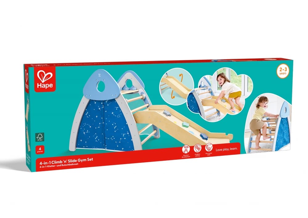 Дървен комплект, Hape, 4 в 1 Комплект за катерене и пързаляне, 176.28 x 52.5 x 79.25 см