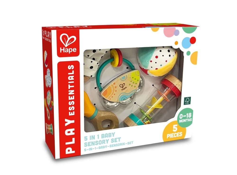 Комплект бебешки играчки, Hape, 5 в 1 сензорни играчки