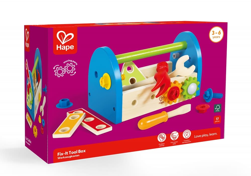Дървен комплект, Hape, Кутия с инструменти, 17 части