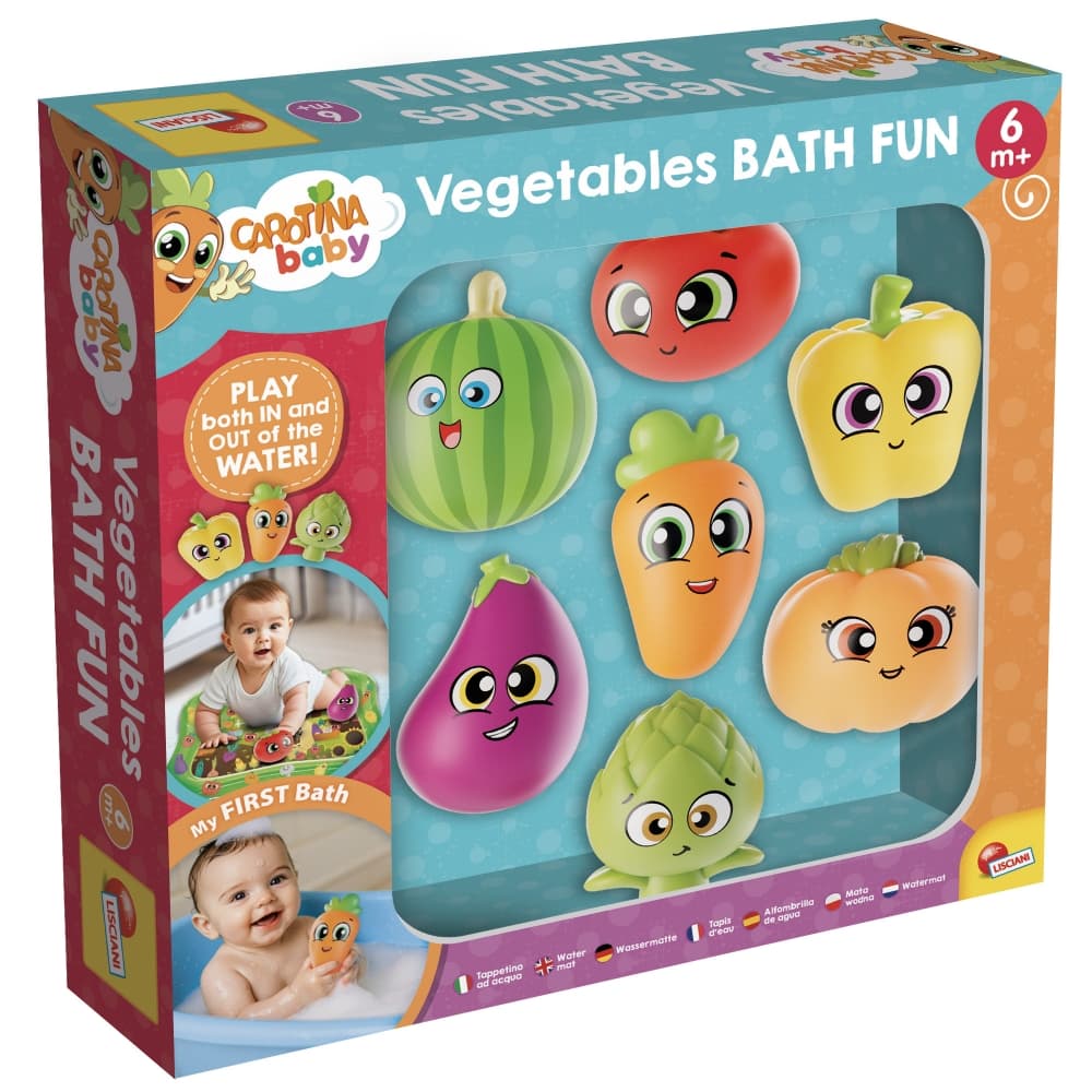 Комплект подложка и играчки за баня, Lisciani, Carotina, Зеленчуци, 8 части