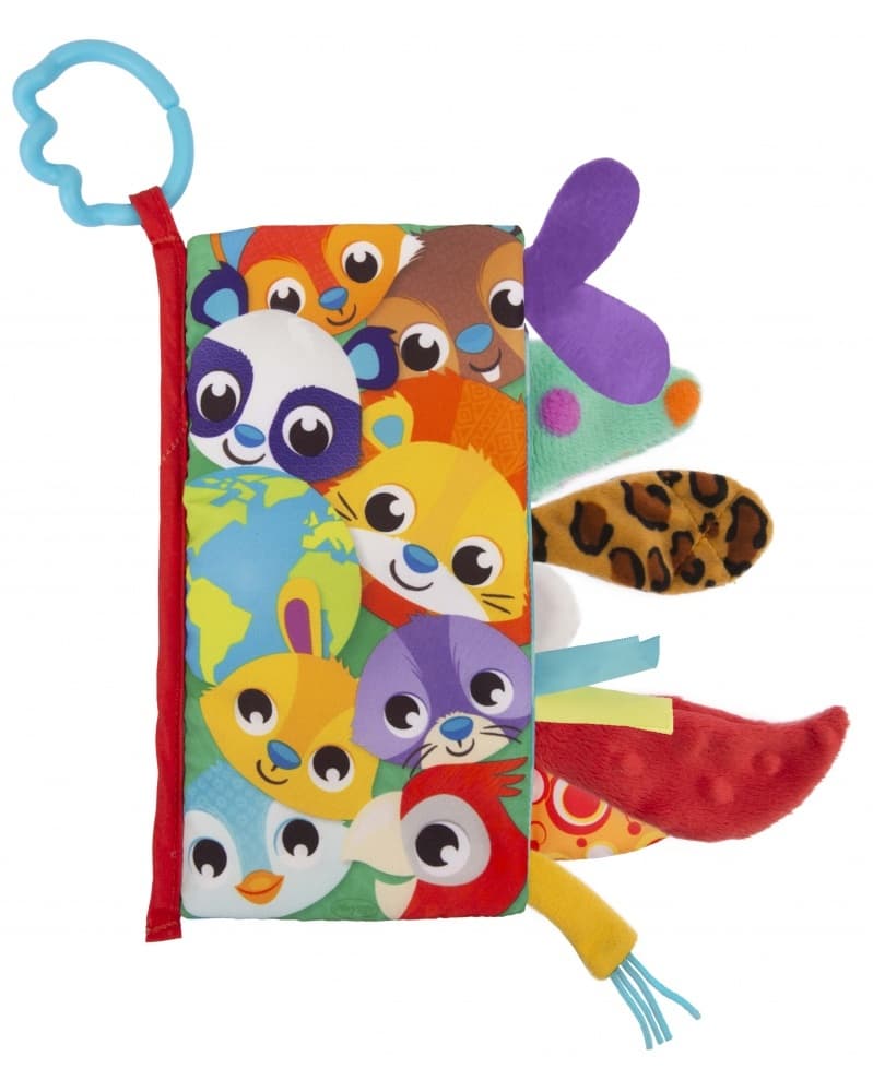 Мека текстилна Сензорна книжка Опашки от PLAYGRO с 8 вида животни, шумолящи страници и ринг-гризалка за закачване 3м+