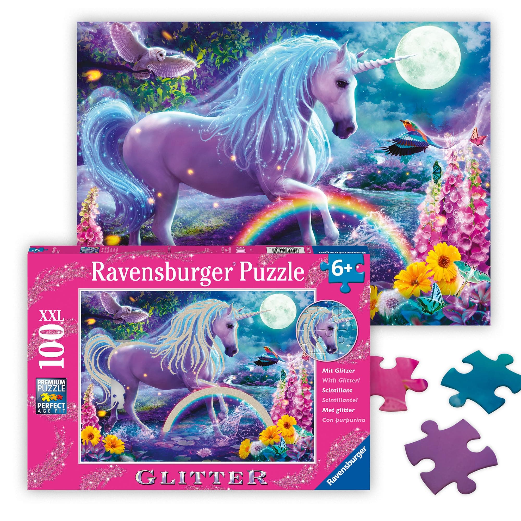Пъзел с брокат Ravensburger 100 ел. XXL - Фантастични еднорози