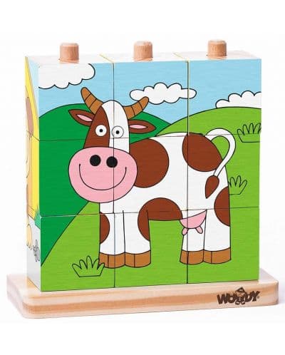 Низанка с дървени кубчета Woody - Домашни любимци, 9 части