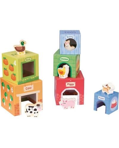 Детски комплект Lelin Toys - Картонени кубчета с дървени животни